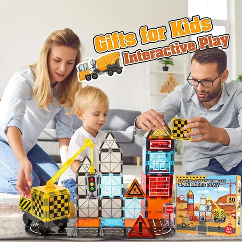 Miniatura 8 de Laminados magnéticos juguetes de construcción para niños - Set de carretera con grúa magnética para niños de 3-5 4-8 8-10 años, Set de expansión