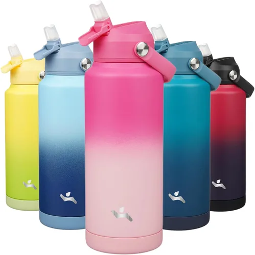 Miniatura 32 de Konokyo Botella de agua aislada con tapa de pajilla, botella de metal al vacío de acero inoxidable de 18 onzas con mango de silicona, color negro