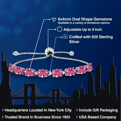 Miniatura 184 de Gem Stone King Pulsera de plata de ley 925 con piedra natal ovalada de 0.276 x 0.197 in para mujer, totalmente ajustable hasta 9 pulgadas