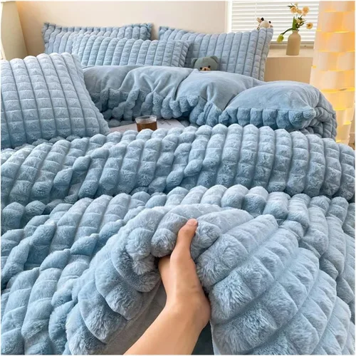 Cama, Invierno Felpa Ropa de Cama de Felpa Cálida Funda de Edredón Juego de Sábanas con Funda de Almohada 4pcs Doble Edredón Juego de Funda Azul