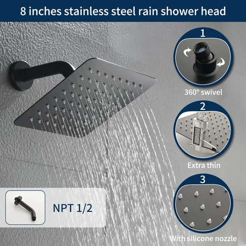 Miniatura 4 de Juego de grifo de bañera y ducha, kit de ajuste de sistema de ducha negro mate con válvula áspera en la ducha, kit combinado de montaje en pared