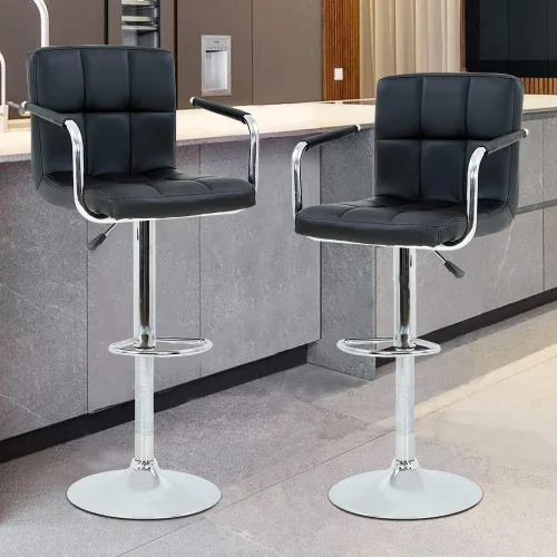 Juego de 2 taburetes de bar con reposabrazos, taburetes de bar giratorios de altura ajustable con respaldo de piel sintética, silla de comedor alta
