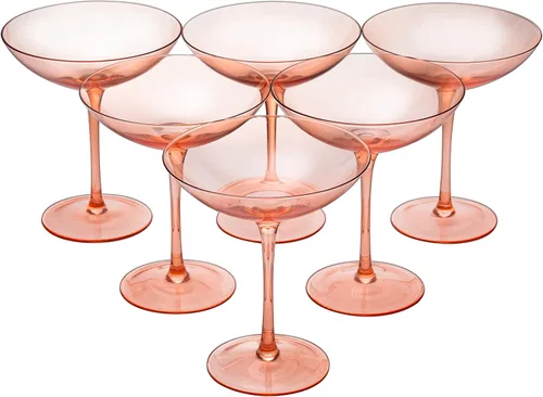 The Wine Savant Copas de vidrio vintage de color melocotón rosa de 12 onzas, copas de cóctel colorido, Martini y champán, Prosecco, juego de copas