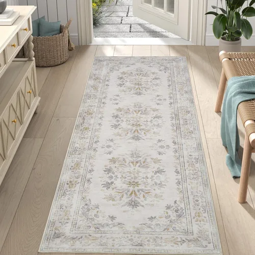 Miniatura 134 de Jinchan Fiora - Alfombra redonda de 8 pies, alfombras vintage con diseño floral envejecido, lavable a máquina, antideslizante, de pelo bajo, Azul