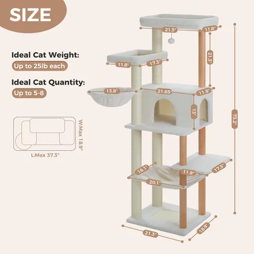 Miniatura 2 de PAWZ Road Árbol Grande para Gatos, Torre de Madera para Gatos de 73 Pulgadas de Alto con 2 Hamacas Espaciosas, 2 Camas Superiores Grandes, 8 Postes