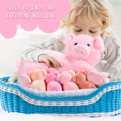 Miniatura 6 de Honoson - Cerdo de peluche con bebés, lindo cerdo mamá de enfermería de peluche con 4 juguetes magnéticos de peluche para niños, niños y niñas