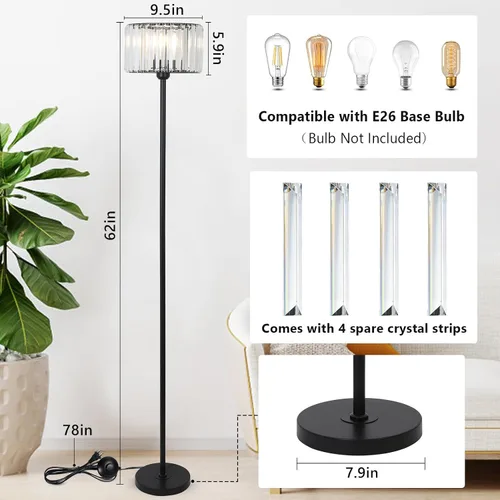 Miniatura 5 de HMVPL Lámpara de pie negra para dormitorio, moderna lámpara de pie para sala de estar con pantalla de cristal K9, lámpara de pie industrial con Negro