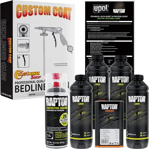 Kit de revestimiento U-Pol Raptor de 4 cuartos - Kit de revestimiento en aerosol de uretano negro para plataforma de camión con pistola de