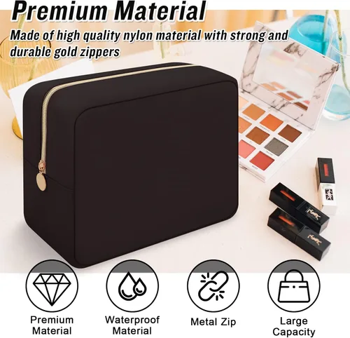 Miniatura 4 de Iqimott Bolsa de Maquillaje Grande de Nylon, Estuche de Viaje Preppy, Bolsa de Cosméticos Grande Organizadora de Maquillaje de Nylon, Bolsa de Negro
