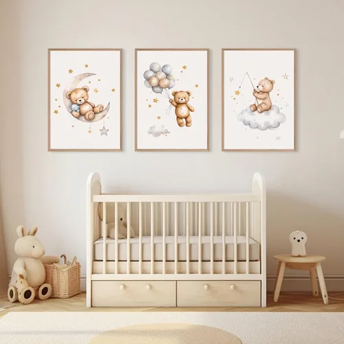 Miniatura 8 de Baccone Arte de pared para habitación de guardería con oso de peluche, póster para habitación de bebé niño o niña, decoración de pared de guardería
