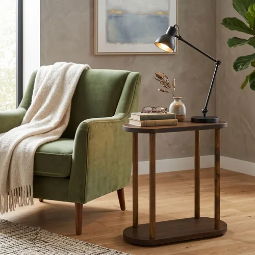 Miniatura 2 de Mesa auxiliar estrecha ovalada de madera maciza, mesa auxiliar delgada con pedestal pequeña para sala de estar, diseño minimalista moderno