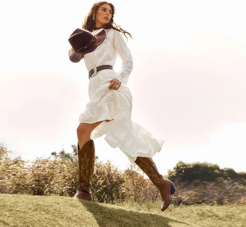 Miniatura 5 de TINSTREE Botas vaqueras bordadas para mujer, botas vaqueras occidentales, botas altas hasta la rodilla