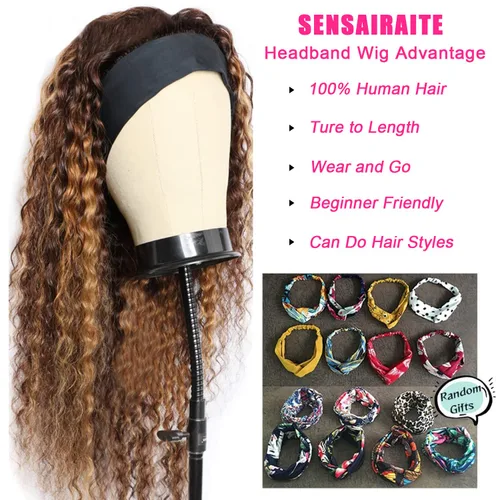 SENSAIRUITE Peluca Rizada Ombré con Reflejos Rubio Miel Peluca con Diadema Cabello Humano 12 Pulgadas Onda Profunda Densidad 180% Pelucas con