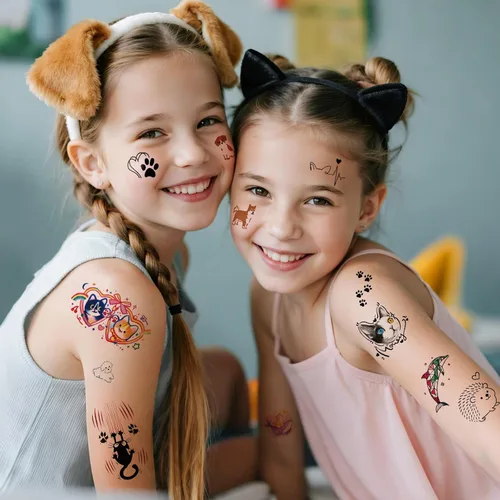 Miniatura 4 de 77 hojas de tatuajes temporales, 17 hojas de tatuajes de medio brazo de gatos, perros, conejos, leones y elefantes lindos para hombres, mujeres