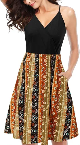II ININ vestido de verano con cuello en V, para mujer, estilo informal, de tubo, floralliso, con tirantes delgados, vuelos y bolsillos