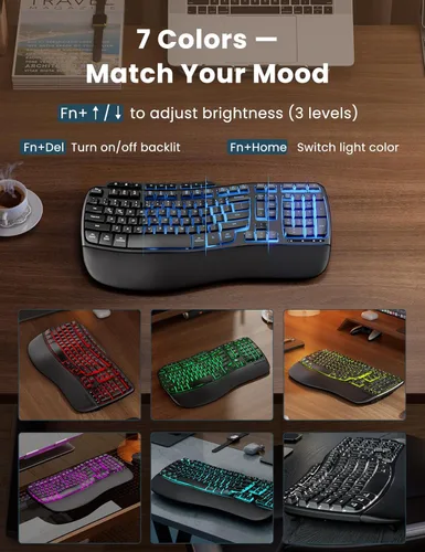 Miniatura 6 de Combo ergonómico de teclado y mouse inalámbricos, teclado retroiluminado recargable de 4000 mAh con un reposamanos suave de piel de cordero