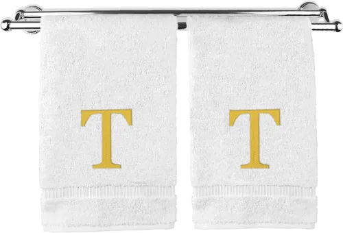Miniatura 31 de Toalla de mano monogramada, regalo personalizado, juego de 2 - Toalla bordada con letra de bloque dorada - Extra absorbente 100% algodón turco