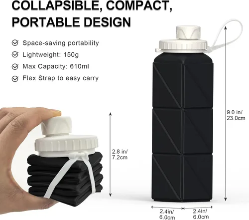 Miniatura 3 de BEAUTAIL Botellas de agua plegables de 20.6 onzas, botella de agua portátil plegable de silicona, ligera, reutilizable, a prueba de fugas