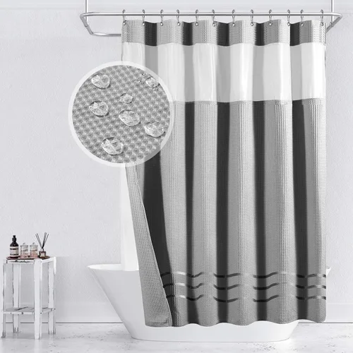 Miniatura 20 de Yimobra Juego de cortinas de ducha de tejido gofre con forro de tela a presión, tela pesada con 12 ganchos, impermeable y lavable, ventana superior
