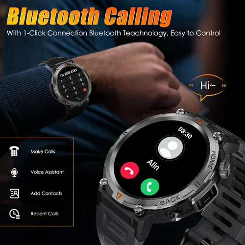 Miniatura 4 de EIGIIS Reloj inteligente militar para hombre, táctico, resistente, con linterna de llamada Bluetooth, pantalla grande de 1.45 pulgadas, monitor