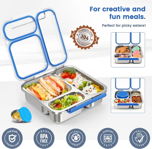 Miniatura 4 de Caja Bento de acero inoxidable para niños y adultos con termo de sopa de 7 onzas, tapa transparente, 3 compartimentos, lonchera Bento de metal