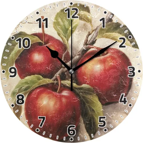 Reloj de pared sin tictac de 10 pulgadas – Reloj redondo silencioso de cuarzo con pilas de manzanas vintage para el hogar, oficina, cocina, aula