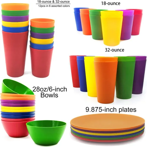 Miniatura 6 de KX-WARE Juego de 12 platos de plástico irrompibles y reutilizables de 9.875 pulgadas, multicolor, aptos para lavavajillas, sin BPA