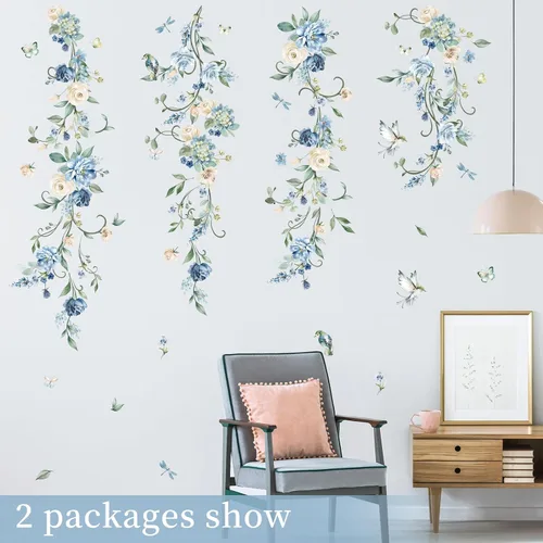 Miniatura 4 de wondever Calcomanías de pared con diseño de flores y vides, acuarela de rosas azules, calcomanías de arte de pared para dormitorio, sala de estar