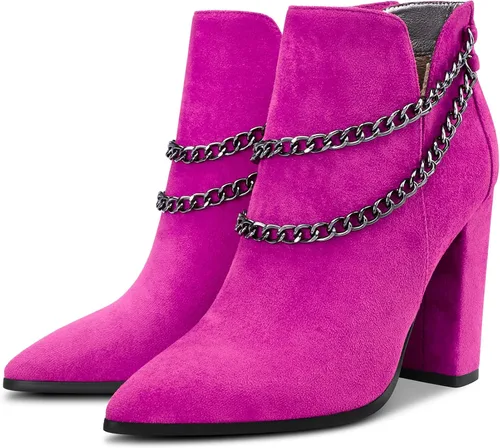 Miniatura 4 de Aachcol Botines cortos para mujer, puntera puntiaguda, tacón alto grueso, gamuza de 4 pulgadas