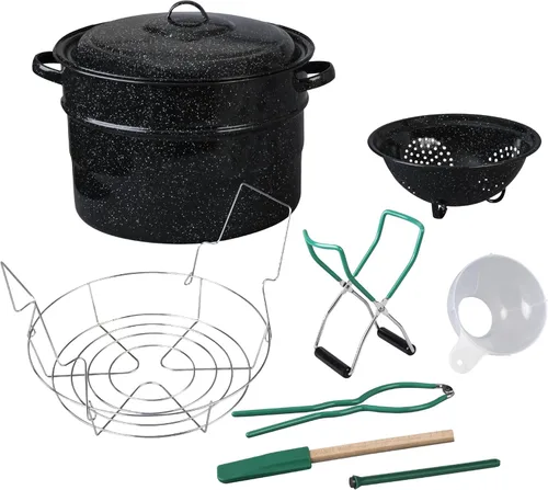 Granite Ware 9 piezas esmaltadas baño de agua olla de enlatado con kit de enlatado, colador y estante. kit de iniciación de suministros de enlatado.