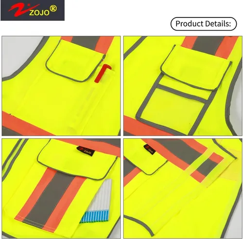 Miniatura 5 de zojo Chaleco de seguridad de alta visibilidad, reflectante con bolsillos multifuncionales y cremallera, para hombres y mujeres, Franja negra