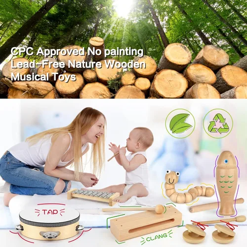 Miniatura 2 de Instrumentos musicales para niños, juegos de juguetes de percusión musical de madera 100% natural, 23 piezas de juguetes de pandereta y xilófono