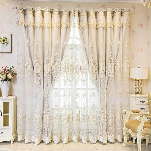 Miniatura 6 de Amidoudou 1 par de cortinas europeas de doble capa con cenefas para sala de estar, dormitorio, cortinas bordadas con flores 3D de lujo