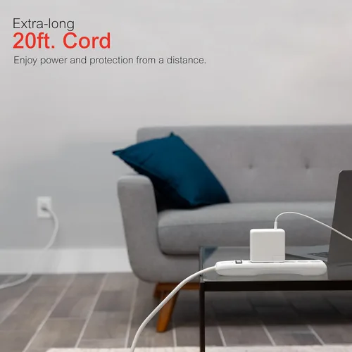 Miniatura 4 de GE Regleta de enchufes con protector contra sobretensiones, cable de extensión de 20 pies, extensor de 6 tomas, 800 joules, clavija plana, cubiertas
