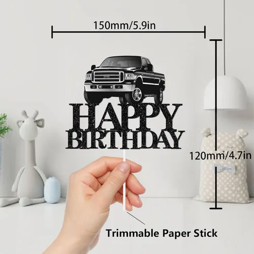 Miniatura 2 de Decoración de pastel de camioneta con temática de feliz cumpleaños, púas de decoración de purpurina negra para adultos, suministros de decoración