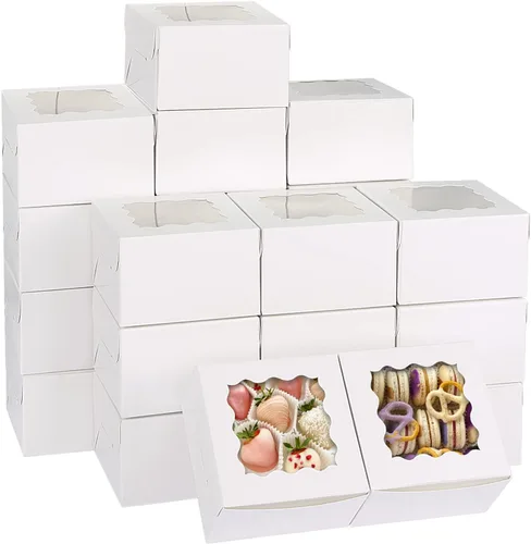 Moretoes 120 cajas blancas para panadería, cajas de galletas de 4 x 4 x 2.5 pulgadas con ventana para pasteles pequeños, golosinas, donas, dulces