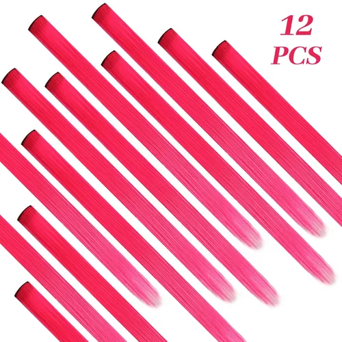 Miniatura 6 de 12 extensiones de cabello sintético lacio de colores de 22 pulgadas con pinza, para fiestas, para mujeres, niños y niñas, rosa C Rosa intenso