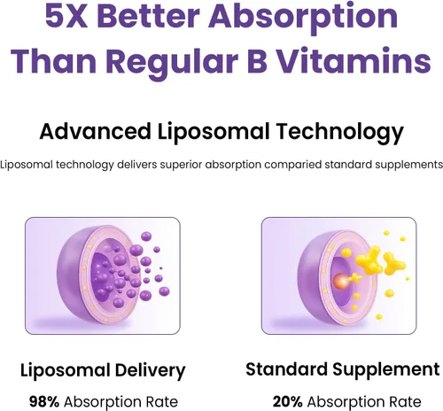 Miniatura 3 de Complejo de vitamina B liposomal líquido sublingual complejo B suplemento de vitaminas para mujeres y hombres mejora la absorción metilada B12, B1