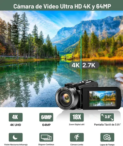 Miniatura 2 de Videocámara 4K 64MP para vlogging, cámara para YouTube, pantalla táctil de 3.0", zoom digital de 18 aumentos, visión nocturna IR con micrófono