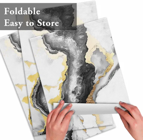 Miniatura 7 de Juego de 1 manteles individuales con textura de mármol de acuarela, tela lavable, moderno, color negro y dorado, mantel individual resistente al