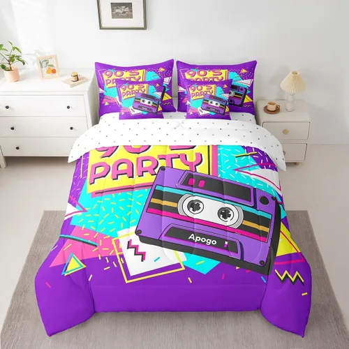Miniatura 11 de Erosebridal Juego de ropa de cama de cassette vintage de los años 80 y 90, juego de edredón de 7 piezas para niños y adultos, retro, amarillo