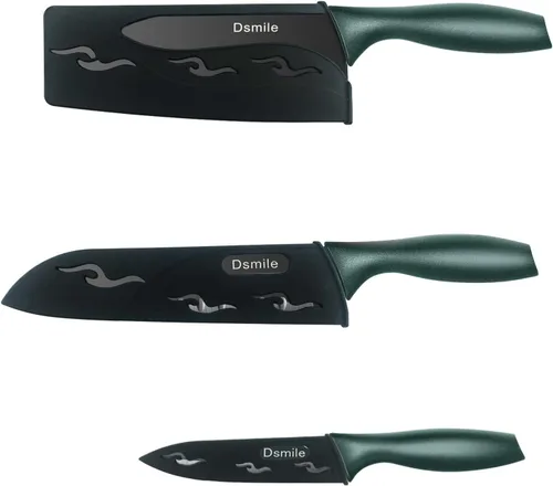 Miniatura 7 de Dsmile Juego de cuchillos de cocina de acero inoxidable de 3 piezas (chef, utilidad, pelar) con hoyuelos revestidos y cubiertas para cuchillos