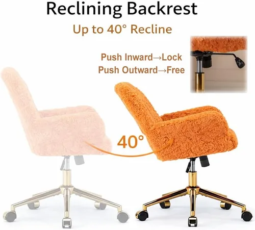Miniatura 6 de Silla de tocador de piel sintética, silla de escritorio giratoria ajustable con ruedas y base dorada, cómoda silla ancha de maquillaje mullida