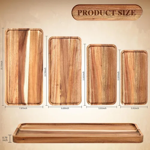 Miniatura 2 de Leinuosen Juego de 4 platos de madera de acacia para servir de madera maciza, tableros rectangulares de charcutería, platos de madera