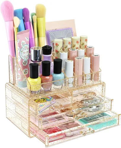 Miniatura 10 de Ikee Design Organizador de maquillaje acrílico con 4 cajones y soportes removibles para lápices labiales en la parte superior, ideal para maquillaje