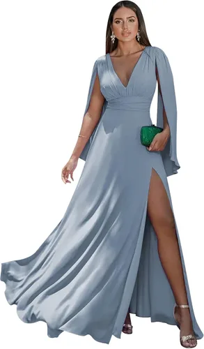 Miniatura 12 de Women's Long Sleeve Bridesmaid Dresses V-Neck Chiffon Ruched Formal Dress Evening Gown with Slit