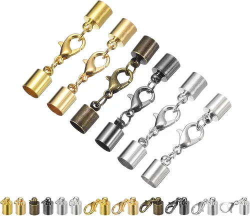 Miniatura 10 de uxcell 30 juegos de tapas de cuero de 0.157 in con cierres de pinza de langosta, terminadores de barril para hacer pulseras de cuero, 6 colores en 1