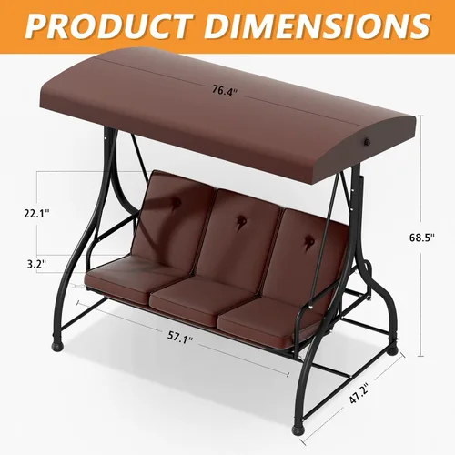 Miniatura 8 de Columpio para porche al aire libre de 3 asientos con soporte, capacidad de 760 libras, columpio de patio resistente para adultos, columpio Marrón