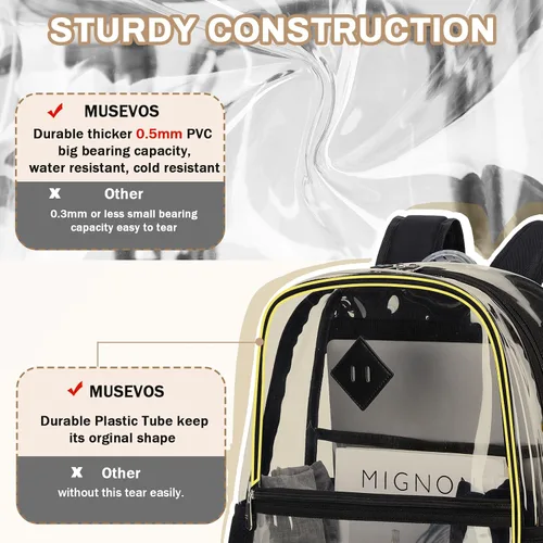 Miniatura 3 de MUSEVOS Mochila transparente, resistente bolsa de libros transparente para escuela, universidad de PVC transparente aprobado por estadios, Negro