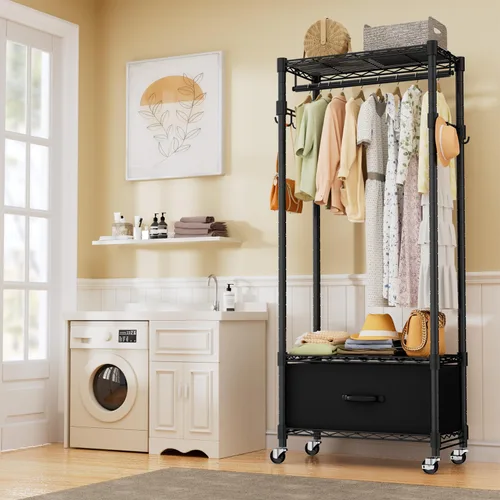 Miniatura 2 de VyGrow Perchero de Ropa, Perchero de Ropa para Colgar Ropa, Sistema Organizador de Closet Ajustable de 3 Niveles con Cajón Barra para Colgar